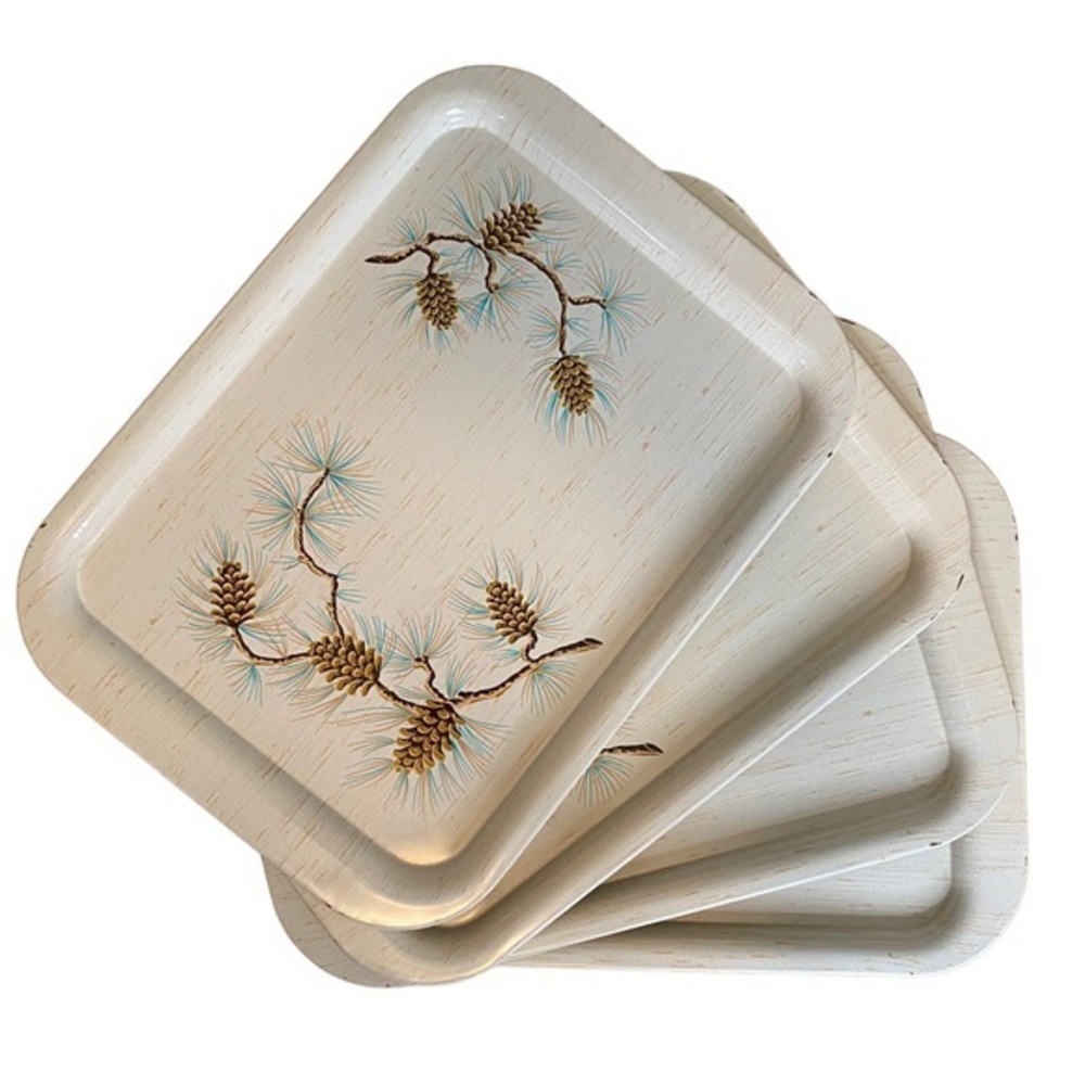 Vintage Metal TV Trays Set of 4 Retro Serving Pine Cone Mid Century Trays